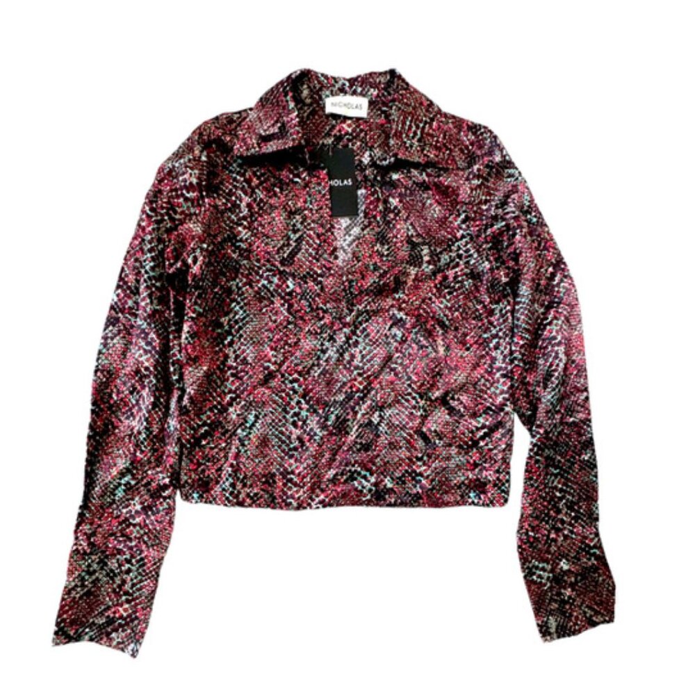 Nicholas Page V-Neck Long Sleeve Snake Print Silk Blend Blouse Women Size 2 NWT